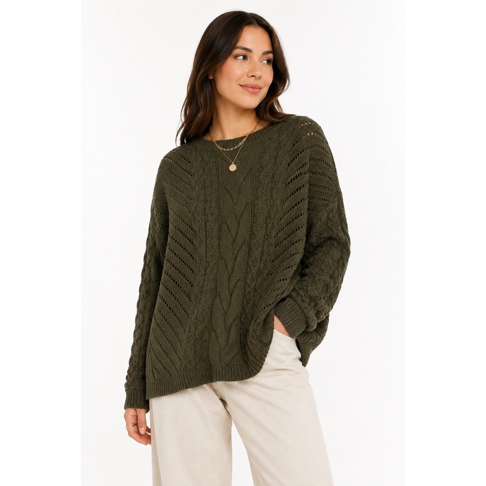 Olive Cable Knit Openwork Sweater L Oversized Dolman Boho Earthy Granola Express